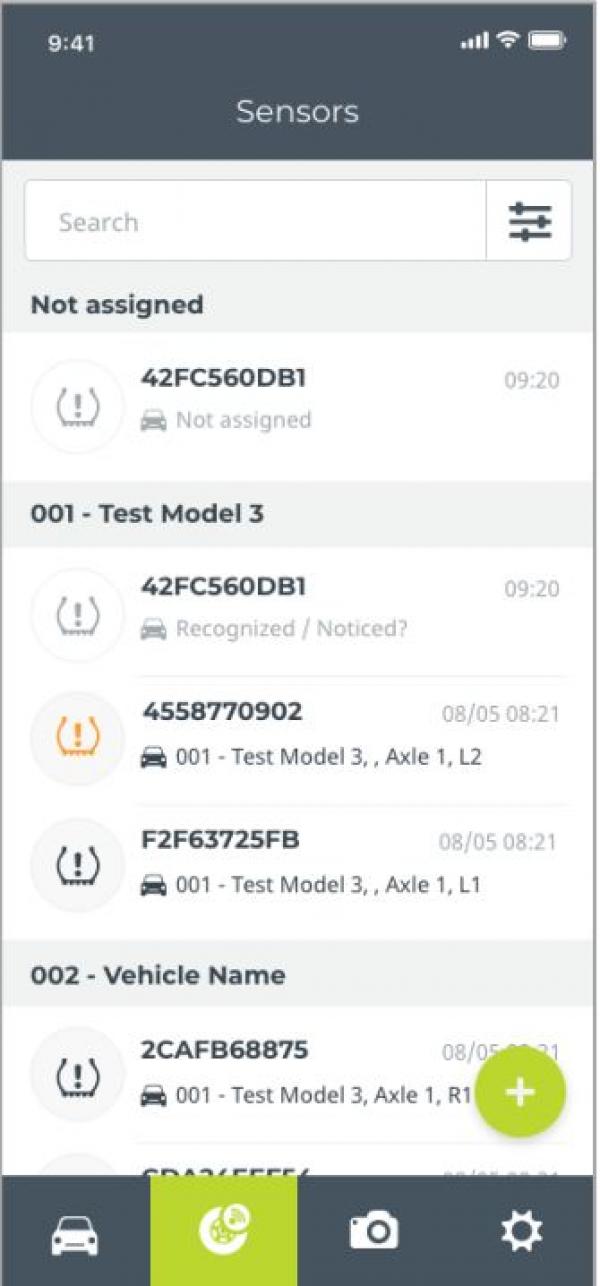TPMS App - Elenco sensori